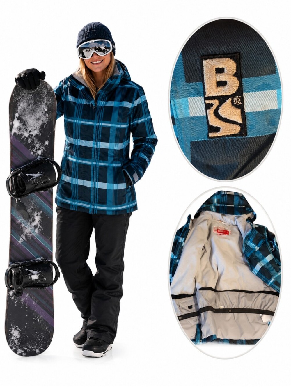 Bonfire Snowboarding warm gorpcore blue plaid hooded nylon Outdoors Jacket Sz S